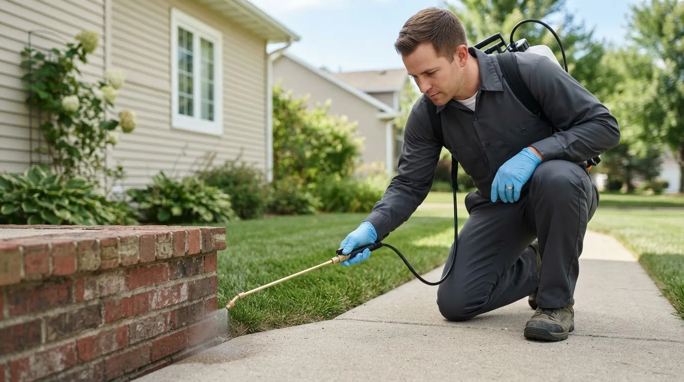 Pest control technician treating a home near Correll, MN