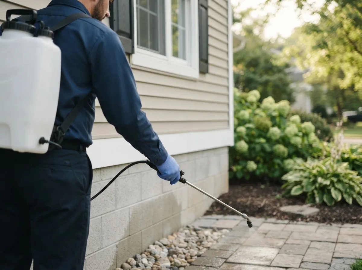 Pest control technician inspecting a home in Correll, MN